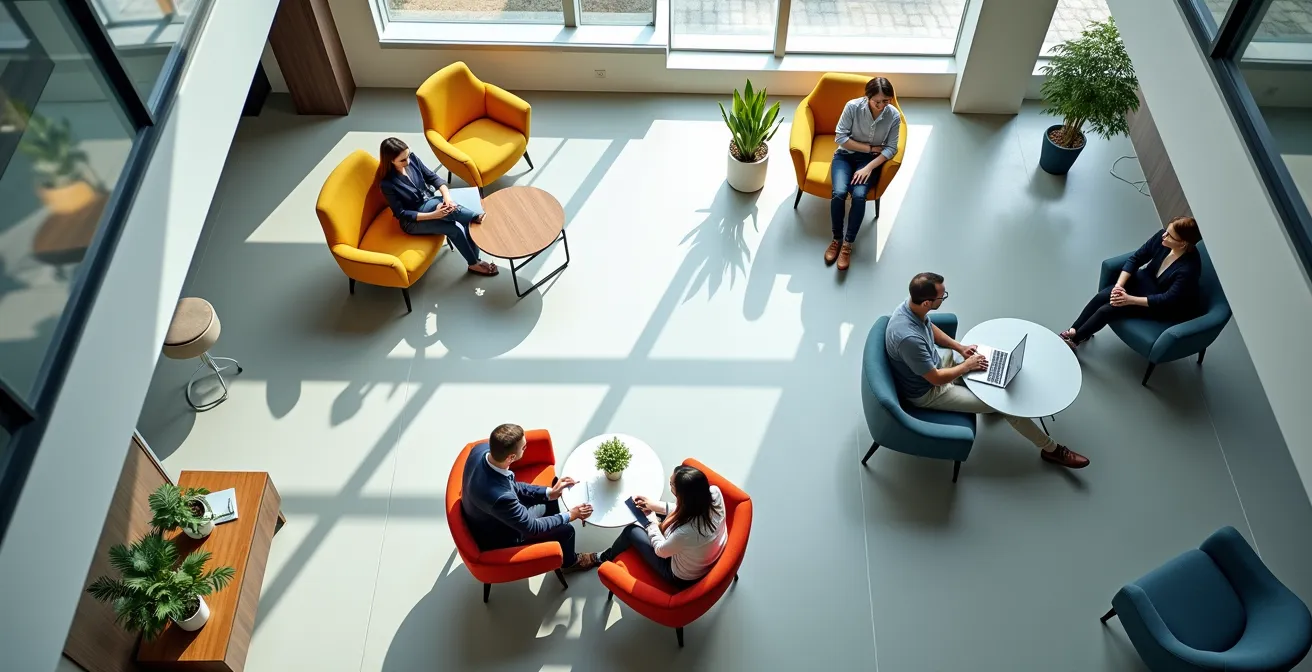 Vue aérienne d'un espace de réunion avec disposition flexible des participants