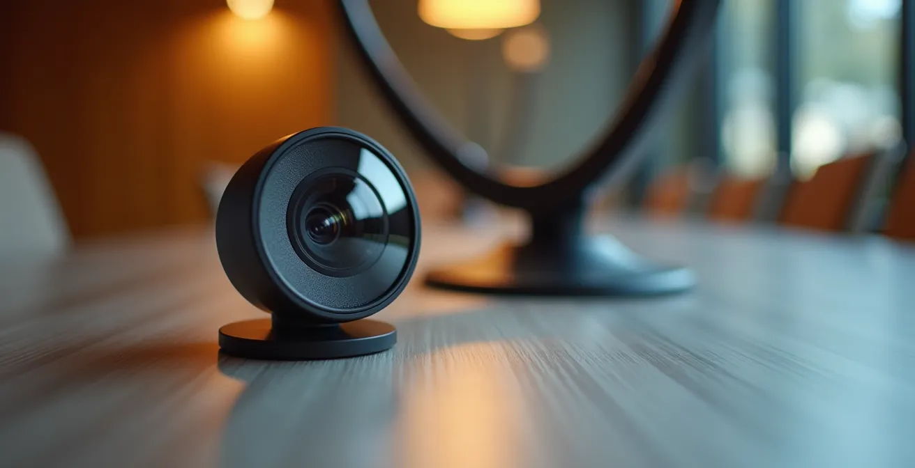 Salle de réunion équipée pour réunions hybrides avec écran et caméra grand angle