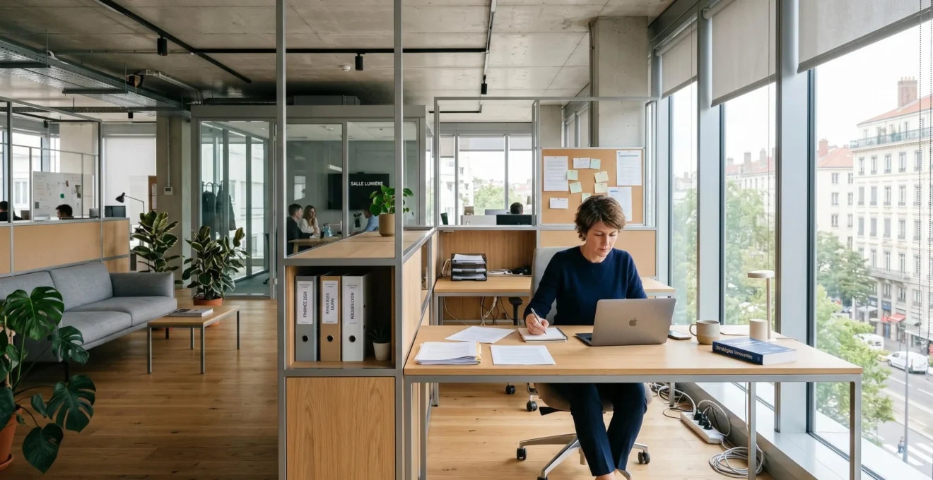 Bureau de direction contemporain avec mobilier modulable en bois clair et métal, zones de travail distinctes, lumière naturelle, professionnelle travaillant dans un espace épuré