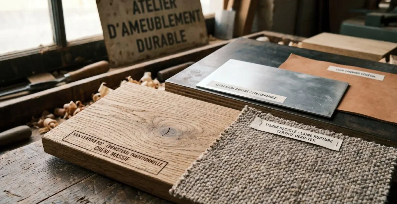 Détails de matériaux durables pour mobilier de bureau professionnel : grain de bois certifié FSC, textile recyclé et finition métallique brossée