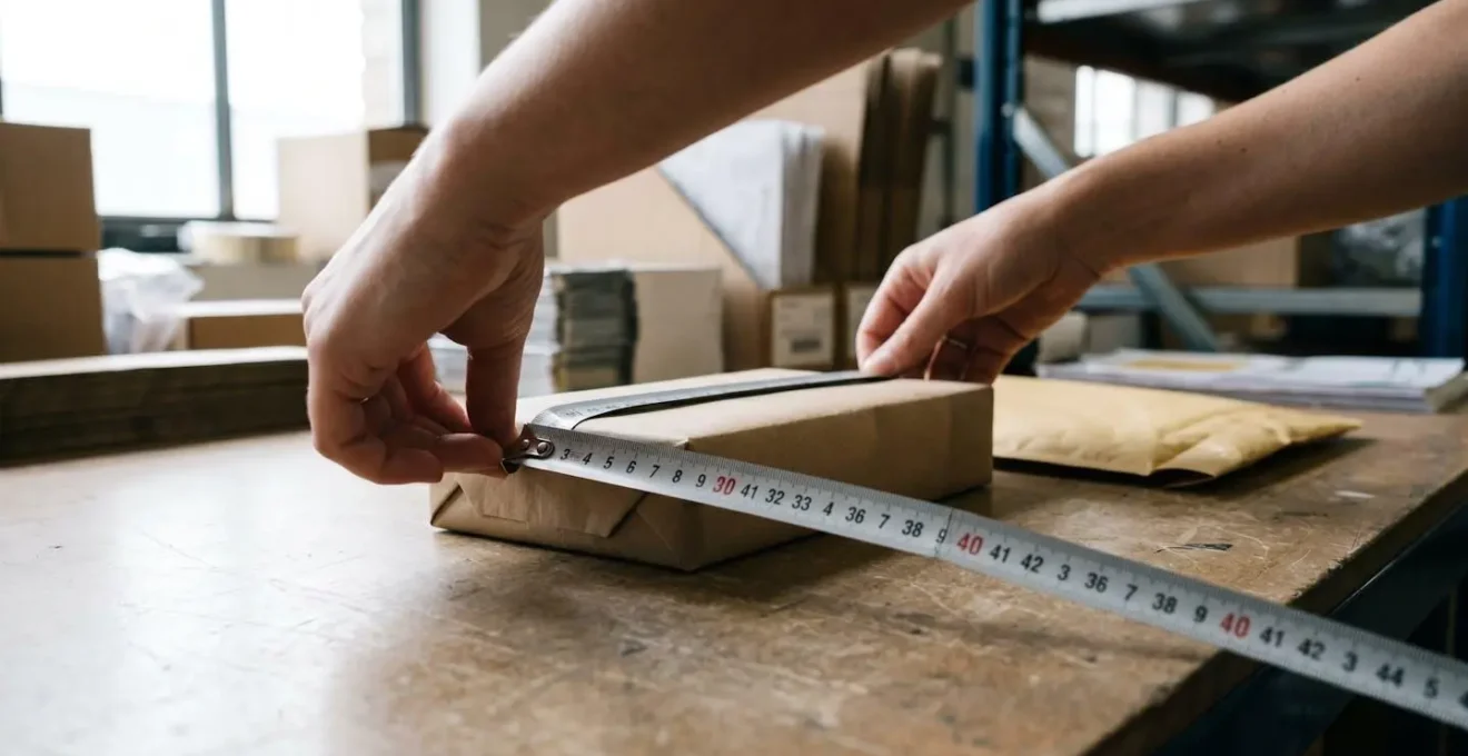 Mains professionnelles mesurant un produit rectangulaire avec un mètre ruban métrique, enveloppe matelassée pliée visible à côté sur table de préparation
