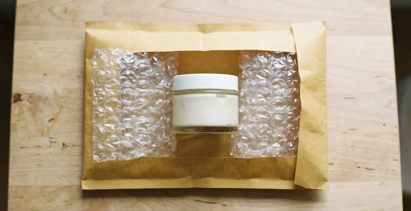 Pot en verre cosmétique de 50ml centré dans une enveloppe kraft à bulles ouverte, montrant les marges de protection du capitonnage sur les côtés