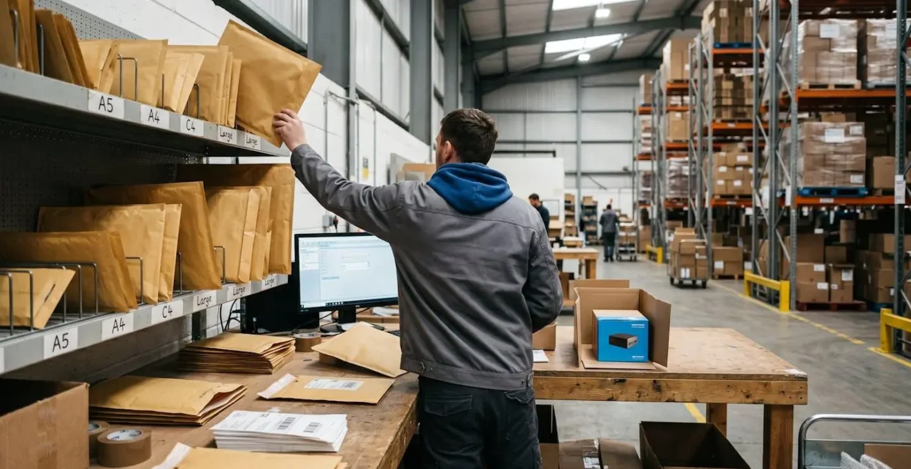Préparateur de commandes sélectionnant une enveloppe matelassée kraft parmi plusieurs formats dans un entrepôt e-commerce, produit à emballer visible au premier plan sur table de préparation