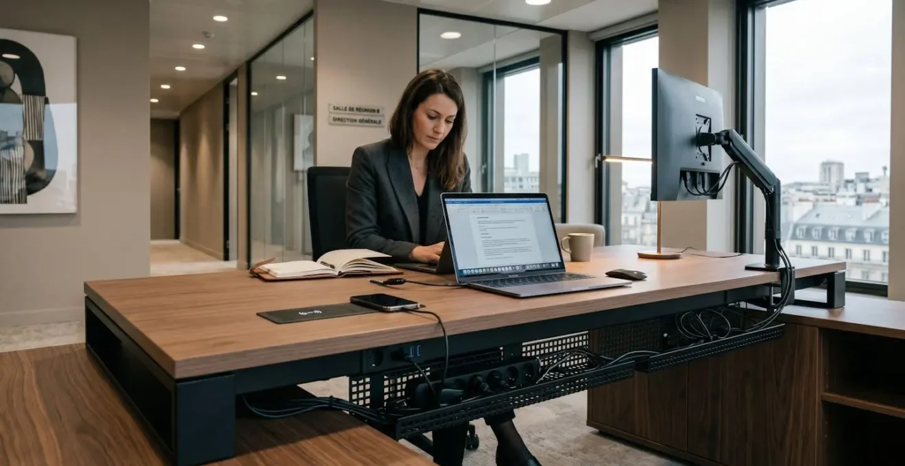 Système de câble management invisible et prises USB intégrées discrètement dans un bureau de direction moderne, technologie invisible
