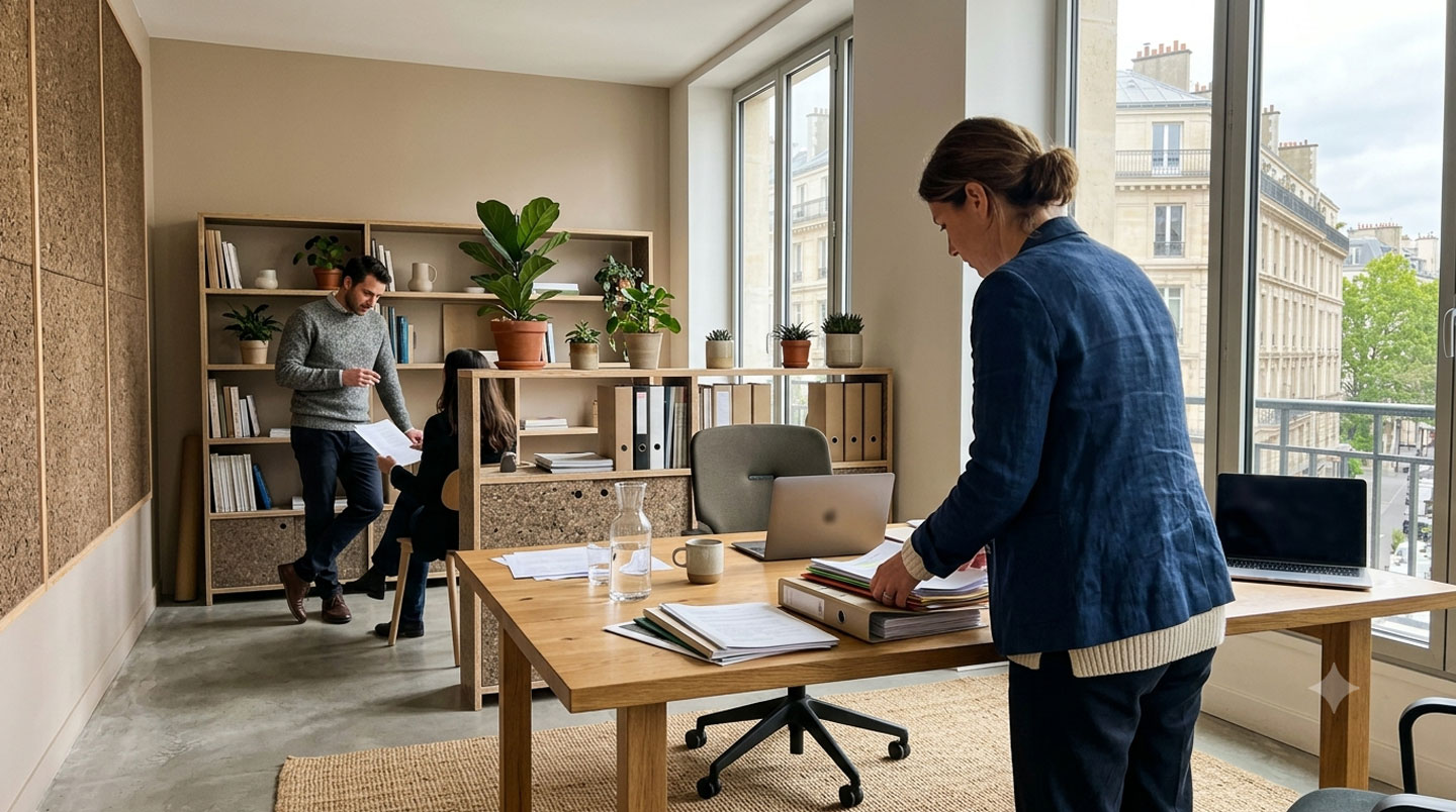 Détails de matériaux durables pour mobilier de bureau professionnel : grain de bois certifié FSC, textile recyclé et finition métallique brossée