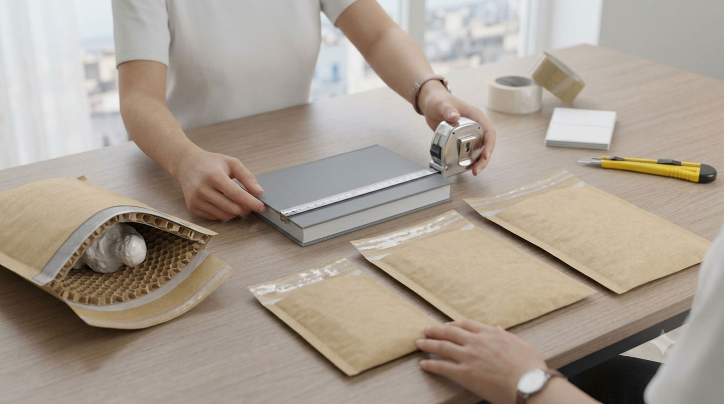 Mains professionnelles mesurant un produit rectangulaire avec un mètre ruban métrique, enveloppe matelassée pliée visible à côté sur table de préparation