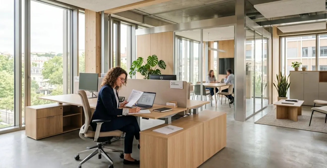 Bureau de direction contemporain avec mobilier modulable en bois clair et métal, zones de travail distinctes, lumière naturelle, professionnelle travaillant dans un espace épuré