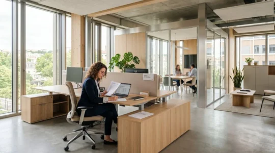 Bureau de direction contemporain avec mobilier modulable en bois clair et métal, zones de travail distinctes, lumière naturelle, professionnelle travaillant dans un espace épuré