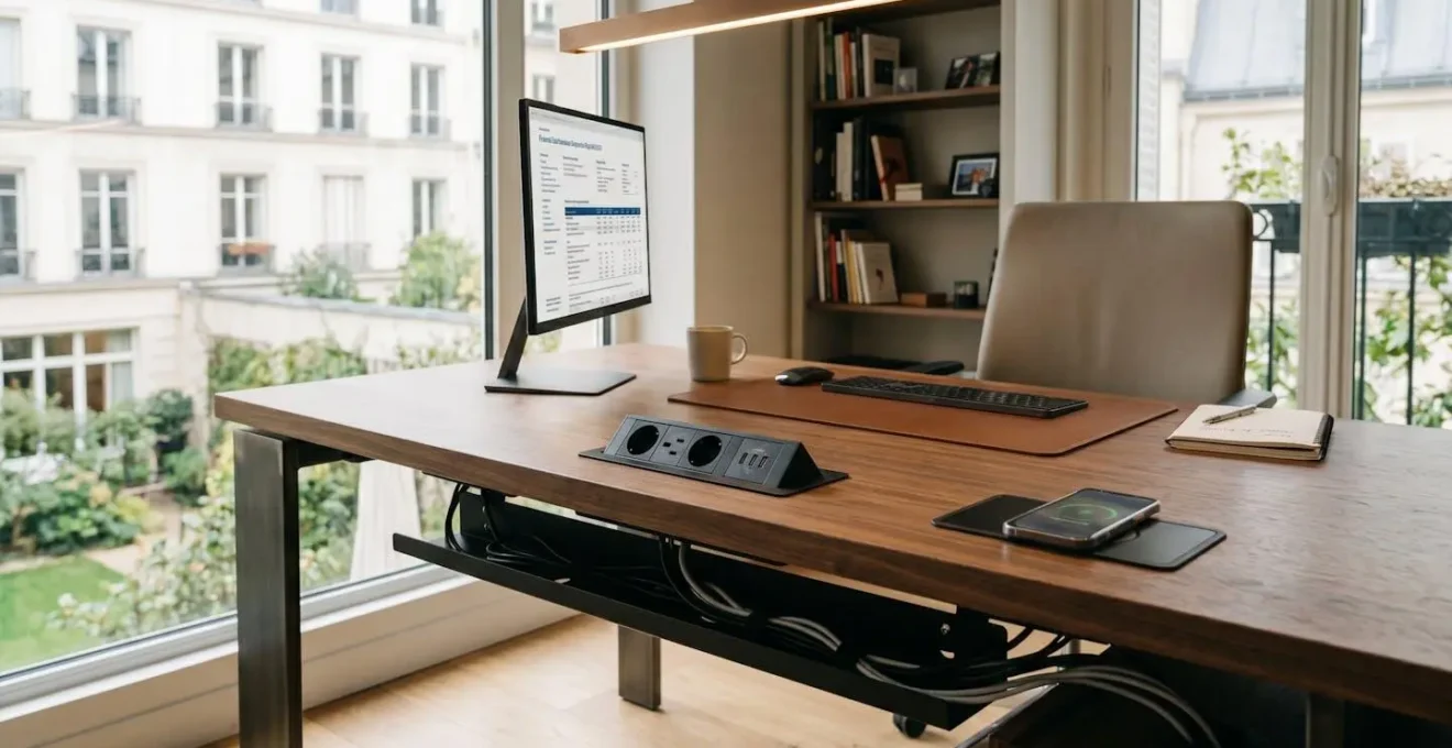 Système de câble management invisible et prises USB intégrées discrètement dans un bureau de direction moderne, technologie invisible