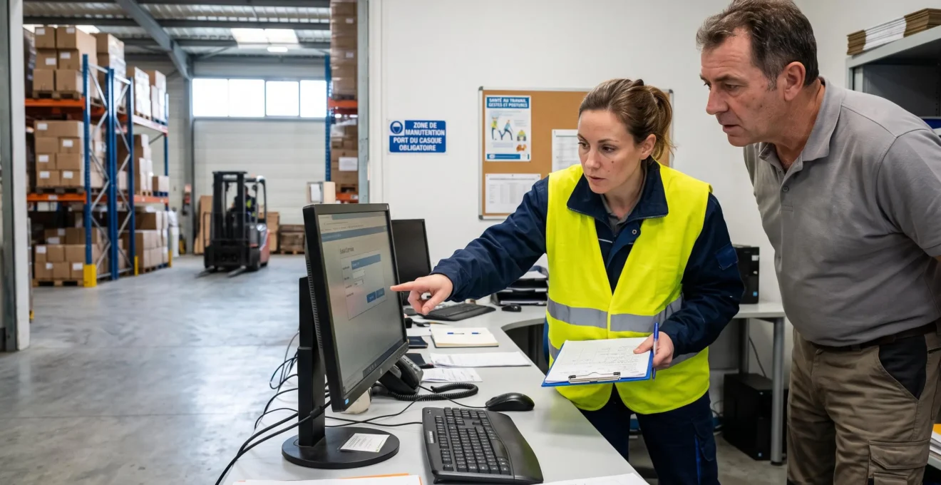 Une conseillère en prévention analyse un poste de travail avec un employé dans un bureau attenant à un entrepôt.