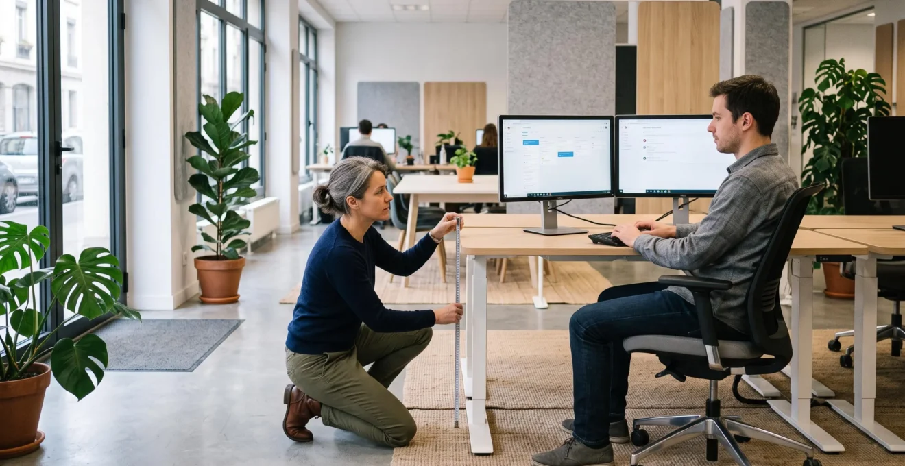 Une consultante en ergonomie ajuste un bureau assis-debout lors d'une évaluation de poste de travail dans un open space.