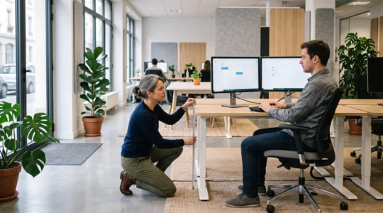Une consultante en ergonomie ajuste un bureau assis-debout lors d'une évaluation de poste de travail dans un open space.
