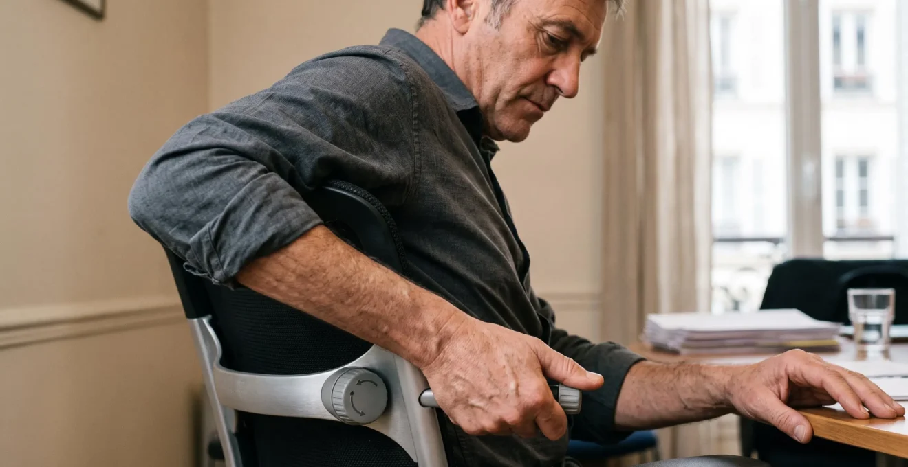 Un employé ajuste le réglage lombaire d'un fauteuil de bureau ergonomique dans une salle de réunion.